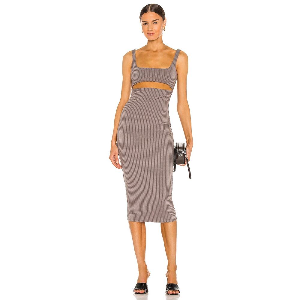Hours Ribbed Knit Dahlia Cut Out Sleeveless Midi Dress Gray Women's Size S